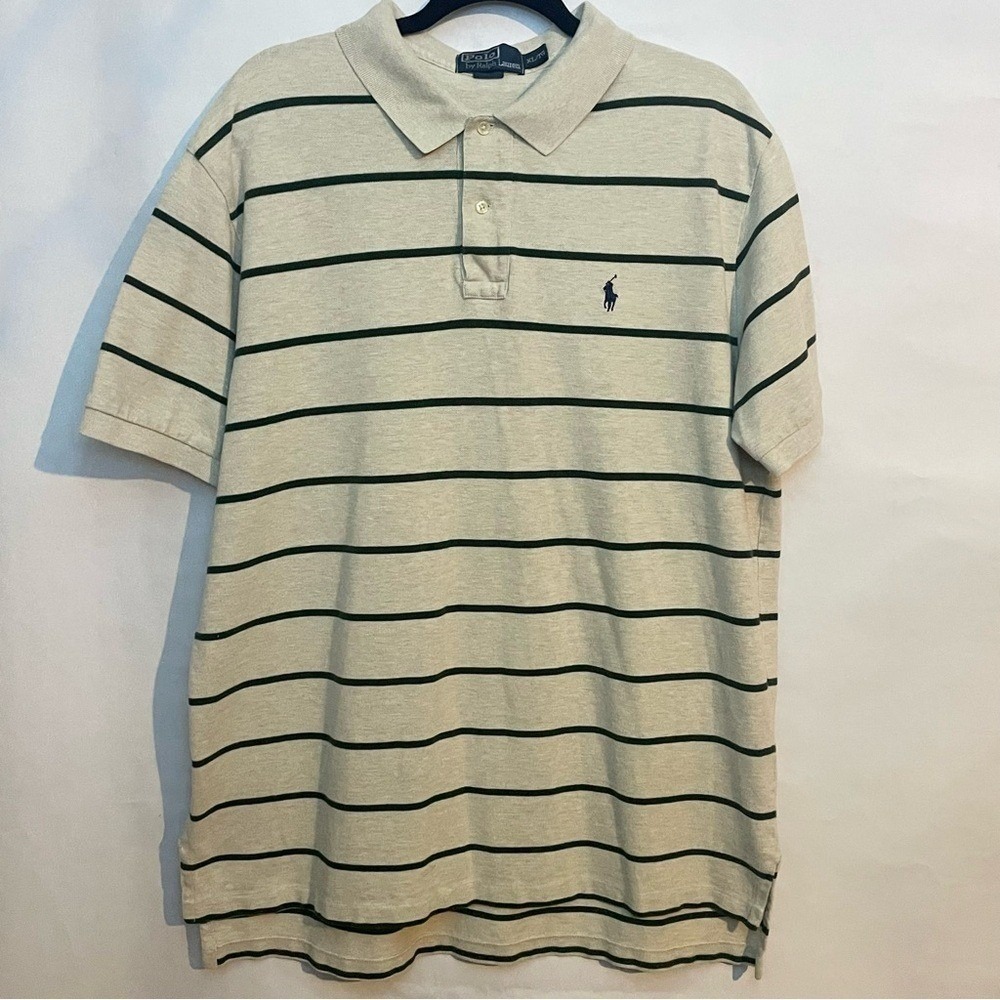 Polo by Ralph Lauren Men's Beige and‎ Dark Green Striped Polo 100% Cotton